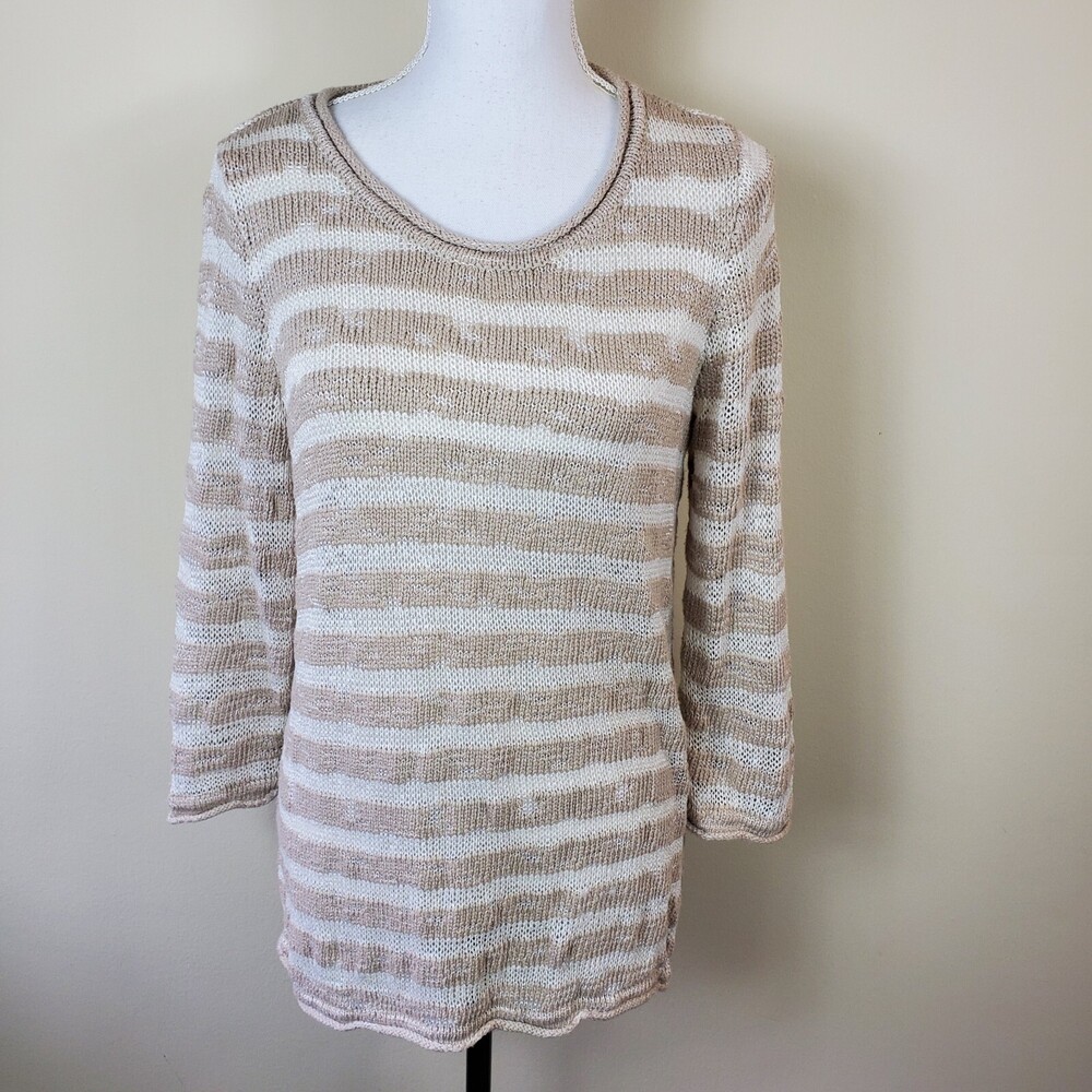Tommy Bahama Womens Sweater L Tan Striped Open Knit Pullover Lightweight Large